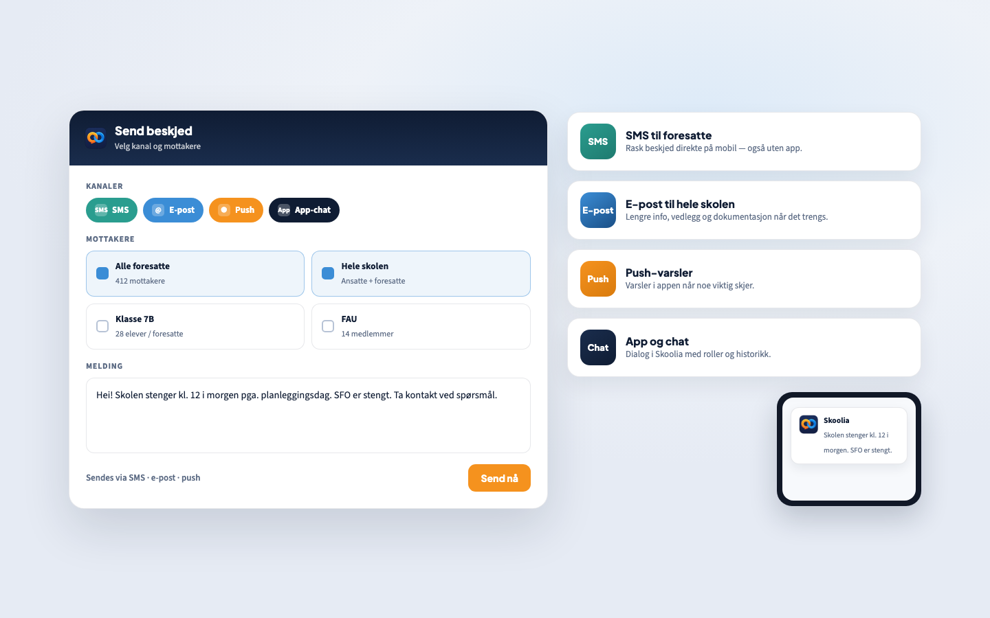 Send beskjed via SMS, e-post, push og app-chat i Skoolia